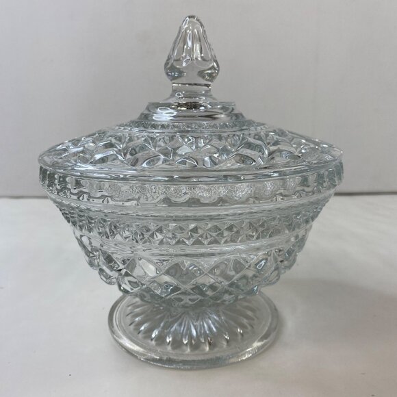 Anchor Hocking Wexford Crystal Pedestal Candy Bowl Dish With Lid Vintage - Picture 1 of 11